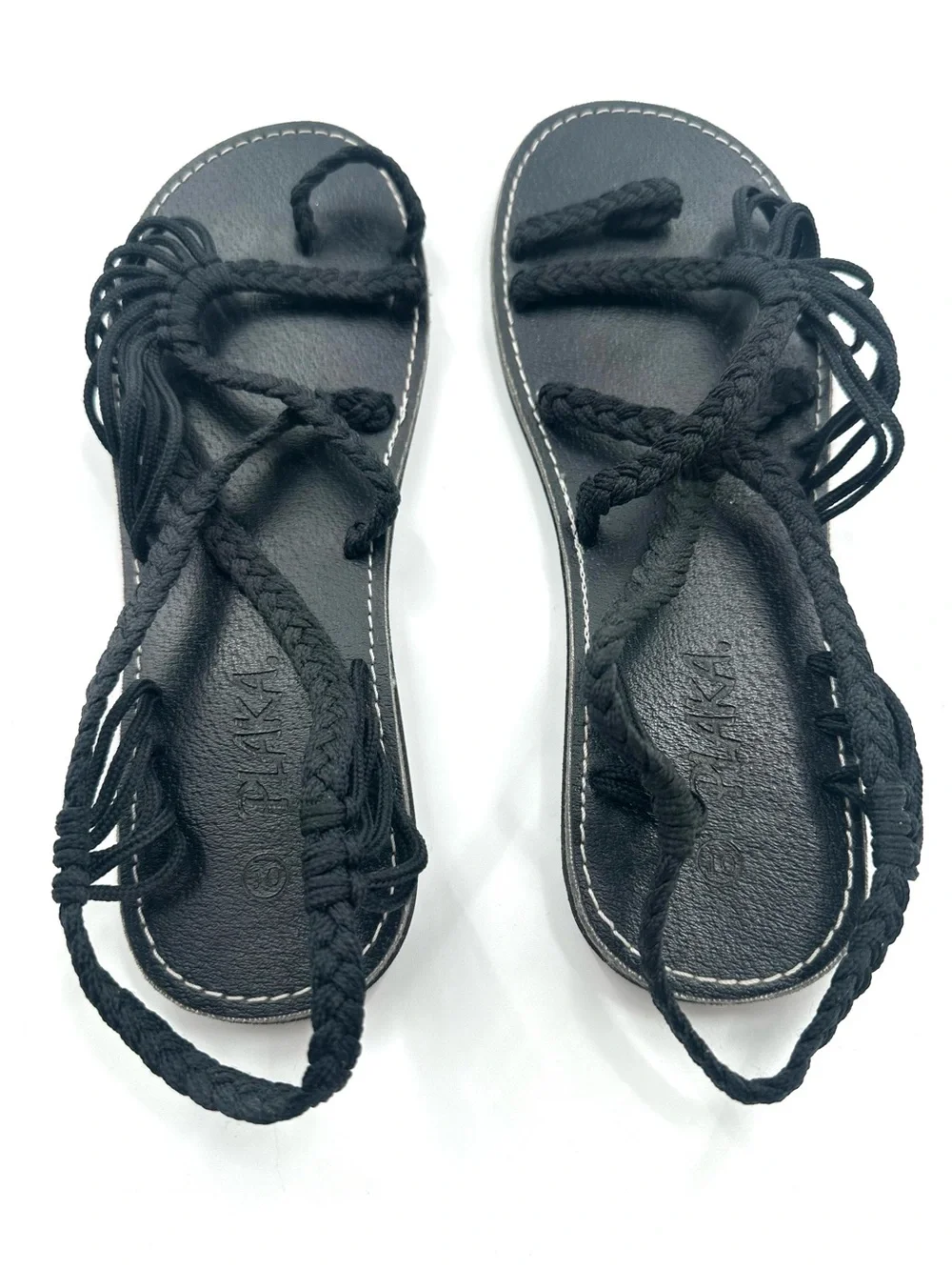 Plaka Palm Leaf Black Strappy Flat Sandals Women's Size 10